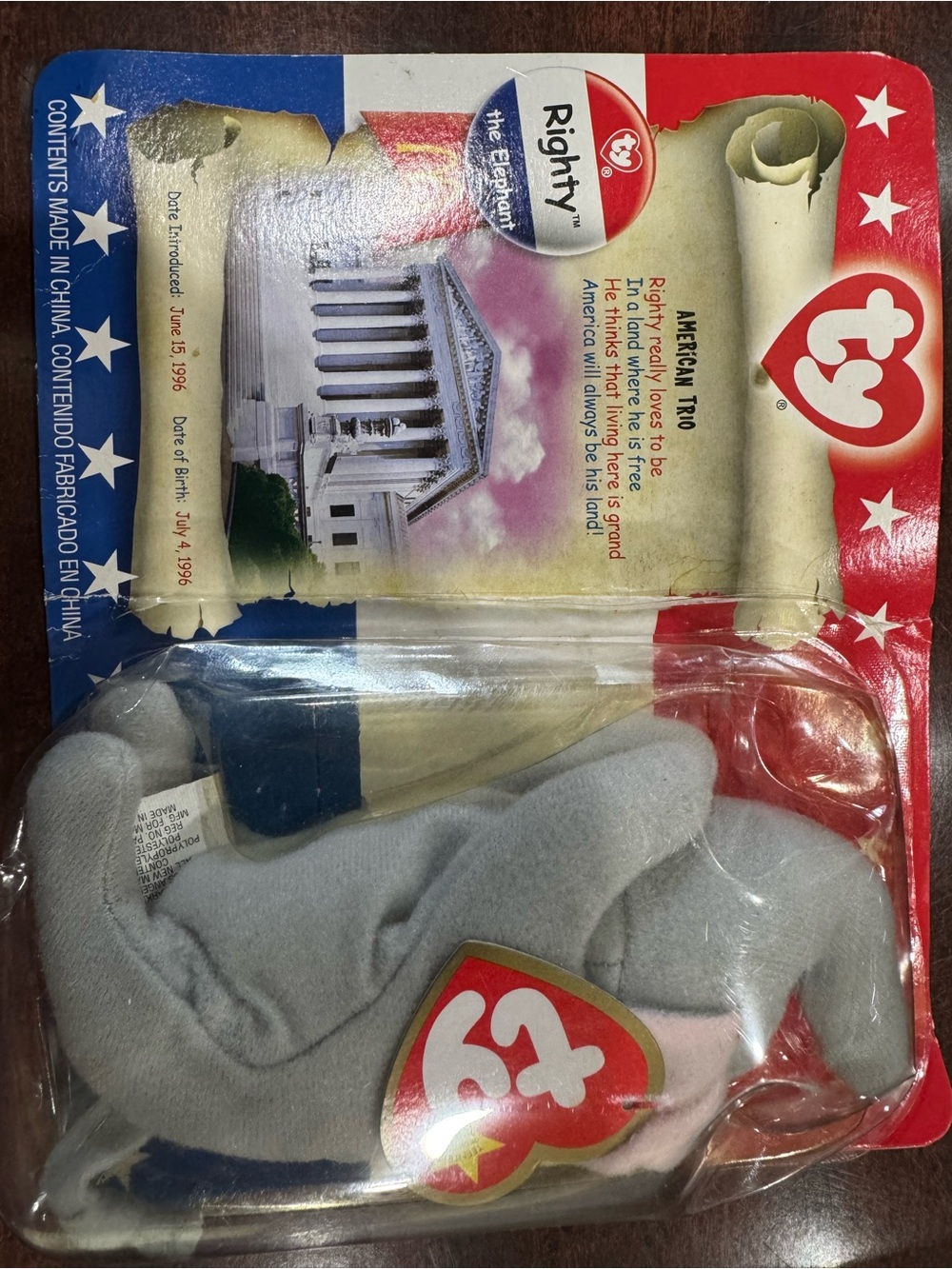 Ty Beanie Baby Righty the Elephant Plush - Gray, Pink, Navy 1996 rare vintage
